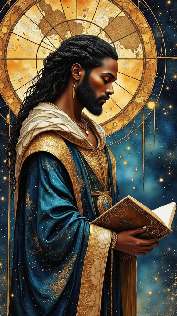 Regal Astrologer in Celestial Observatory Holding Ancient Bo...