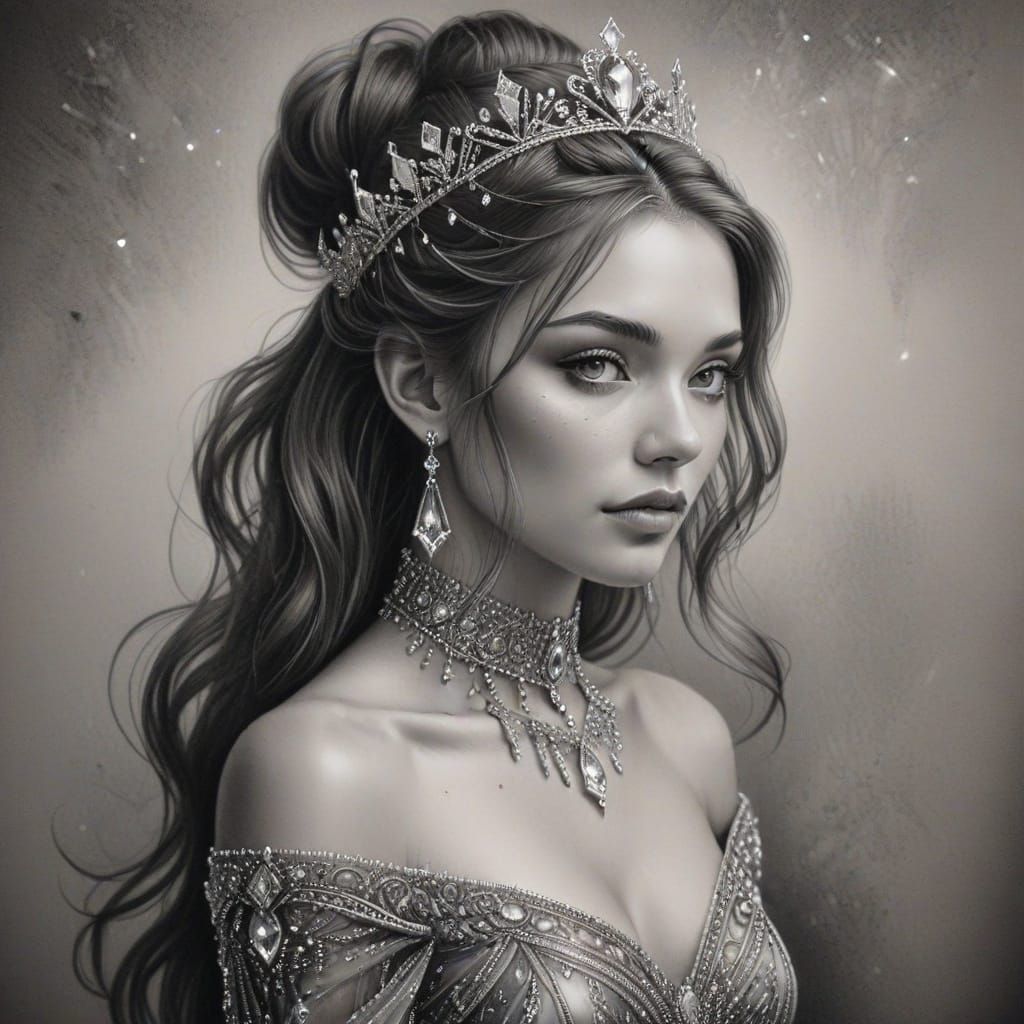 Beautiful Princess in Ethereal Crystal Gown: Charcoal Sketch