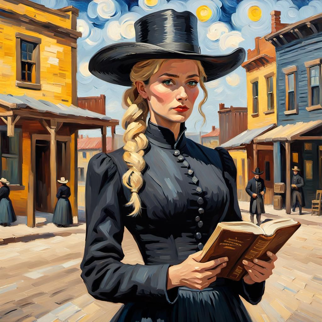Stunning Woman Preaching in Western Town as Impasto Painting