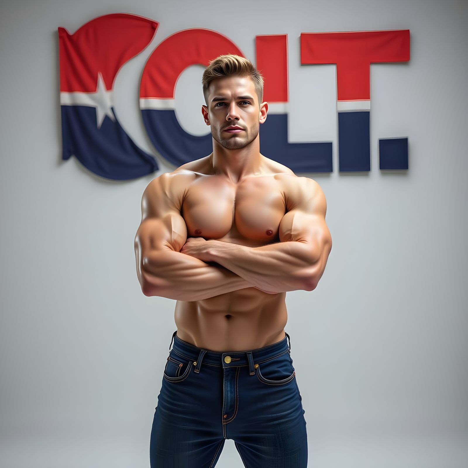 Muscular Blond Man with Colt Sign in Studio Shot