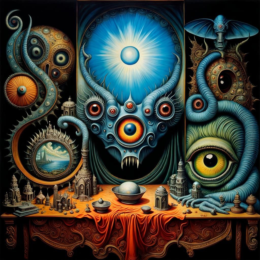 Surreal Monster Tableau in Art Nouveau Style