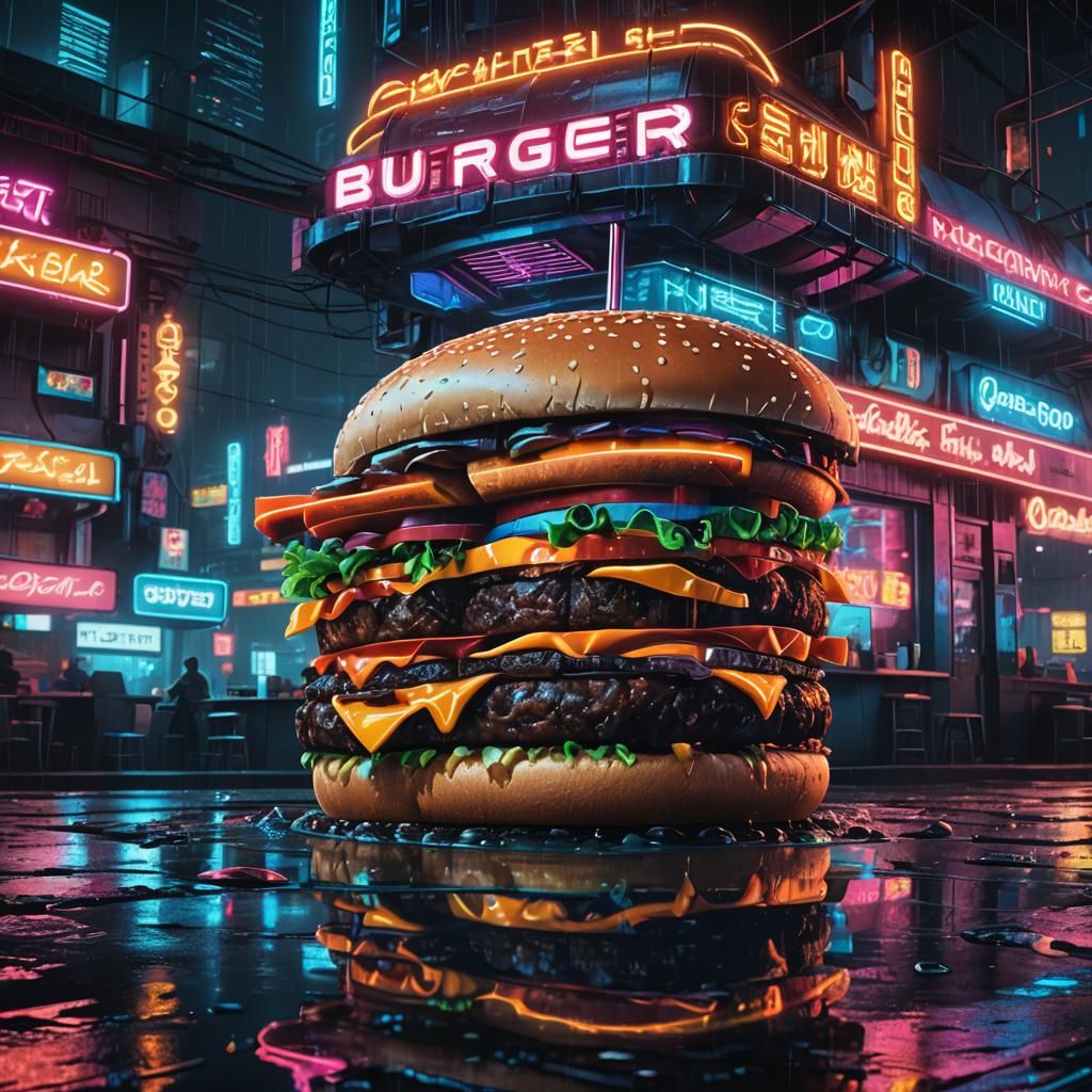 Cyberpunk Burger in Neon Cityscape