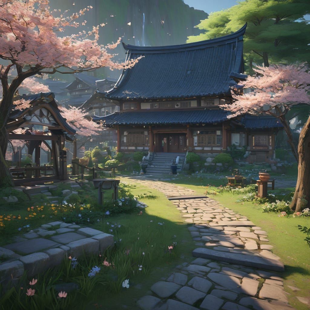 Serene Anime-Inspired Garden Scene with Vibrant Flowers