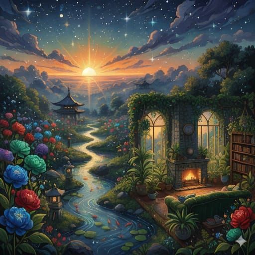 Japanese Garden Sunset with Sparkling Flowers