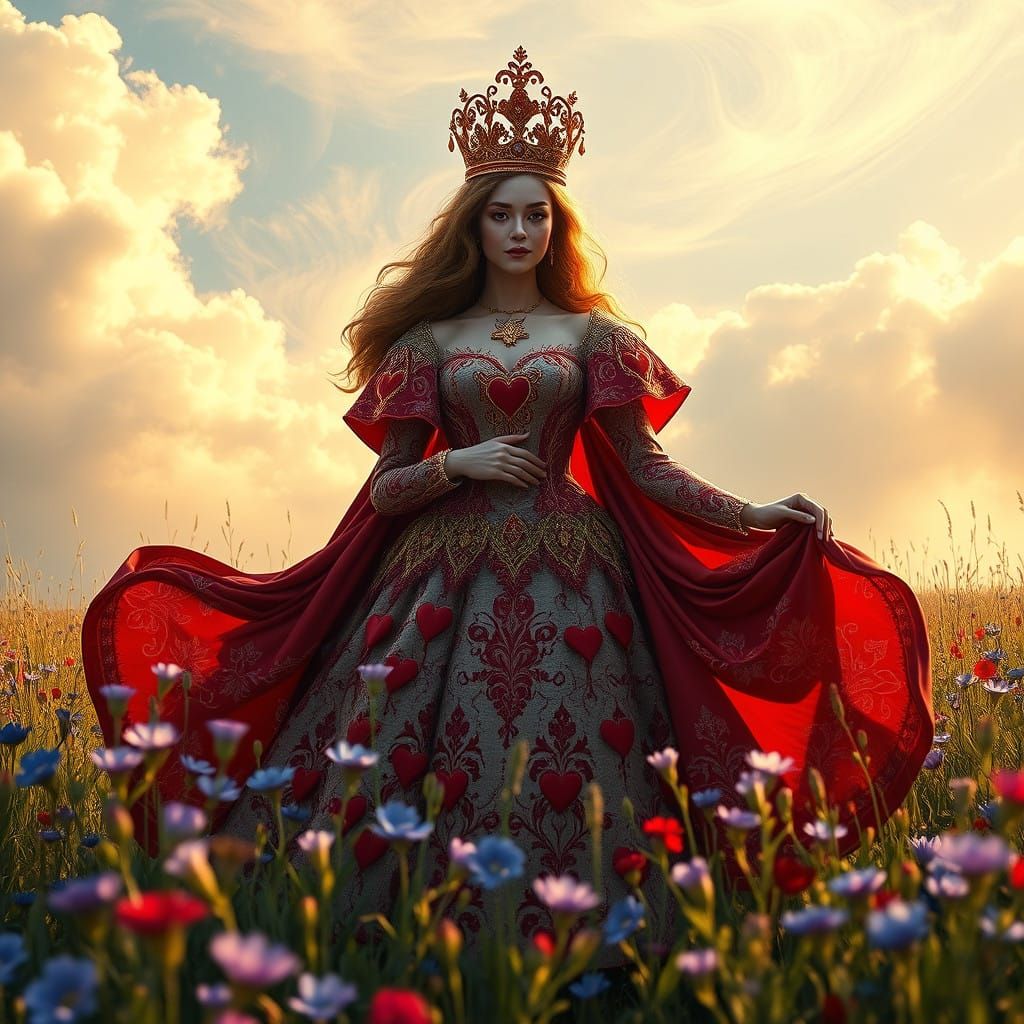 Regal Queen of Hearts in Vibrant Fantasy Landscape