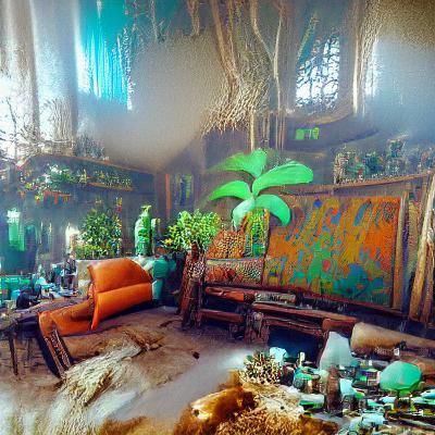 Bohemian Living Room with Tropical Plants, 8K