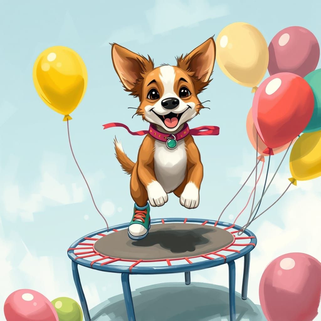 Whimsical Dog Soars on Colorful Trampoline