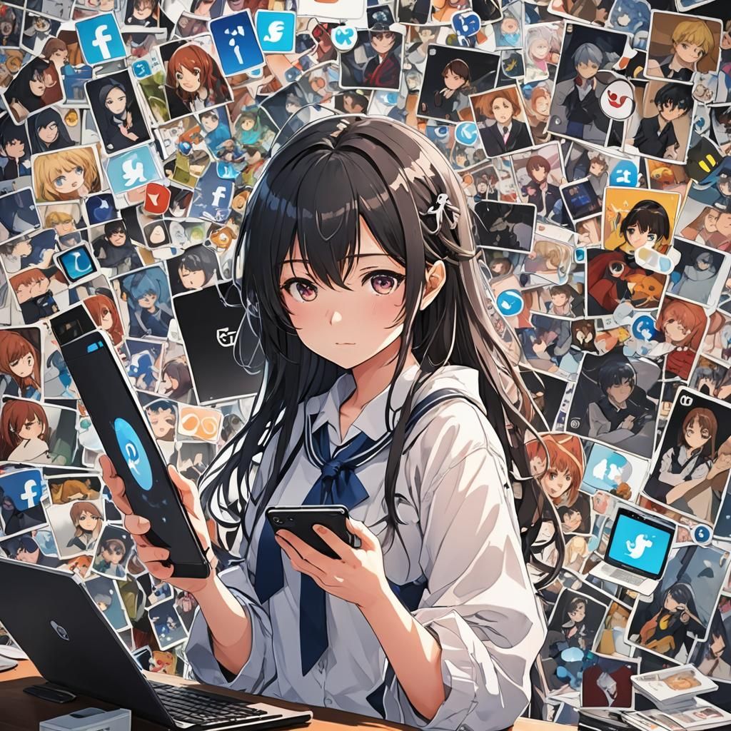 Envious Person Gazing at Social Media Account in Anime Style