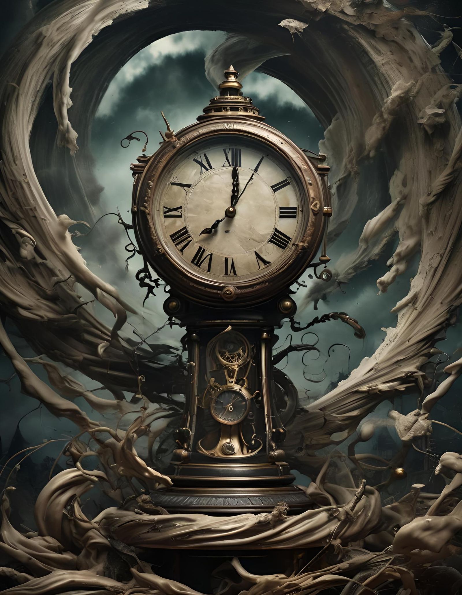 Magical Tornado Embraces Broken Clock in Victorian Style