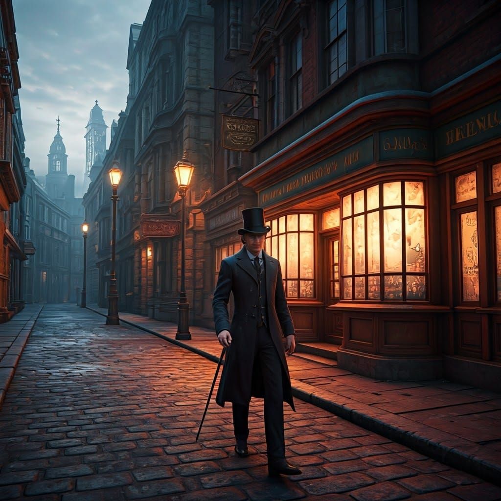 Refined Gentleman Strolls Past Victorian Newsagent in Steamp...