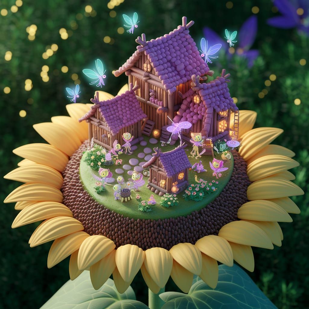 Fairy Village on Sunflower in Ghibli-Inspired Style