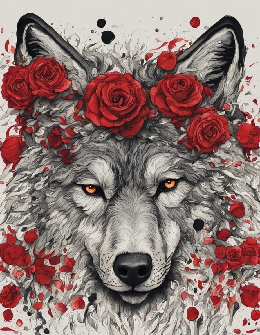 Wolf with Roses: AI Generated Image