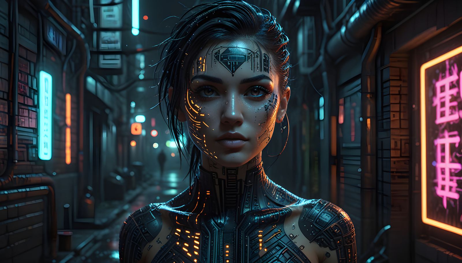 Cyberpunk Goddess in Neon Alleyway