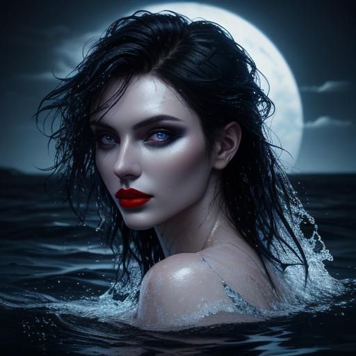 Stunning Woman Emerges from Dark Lake at Night