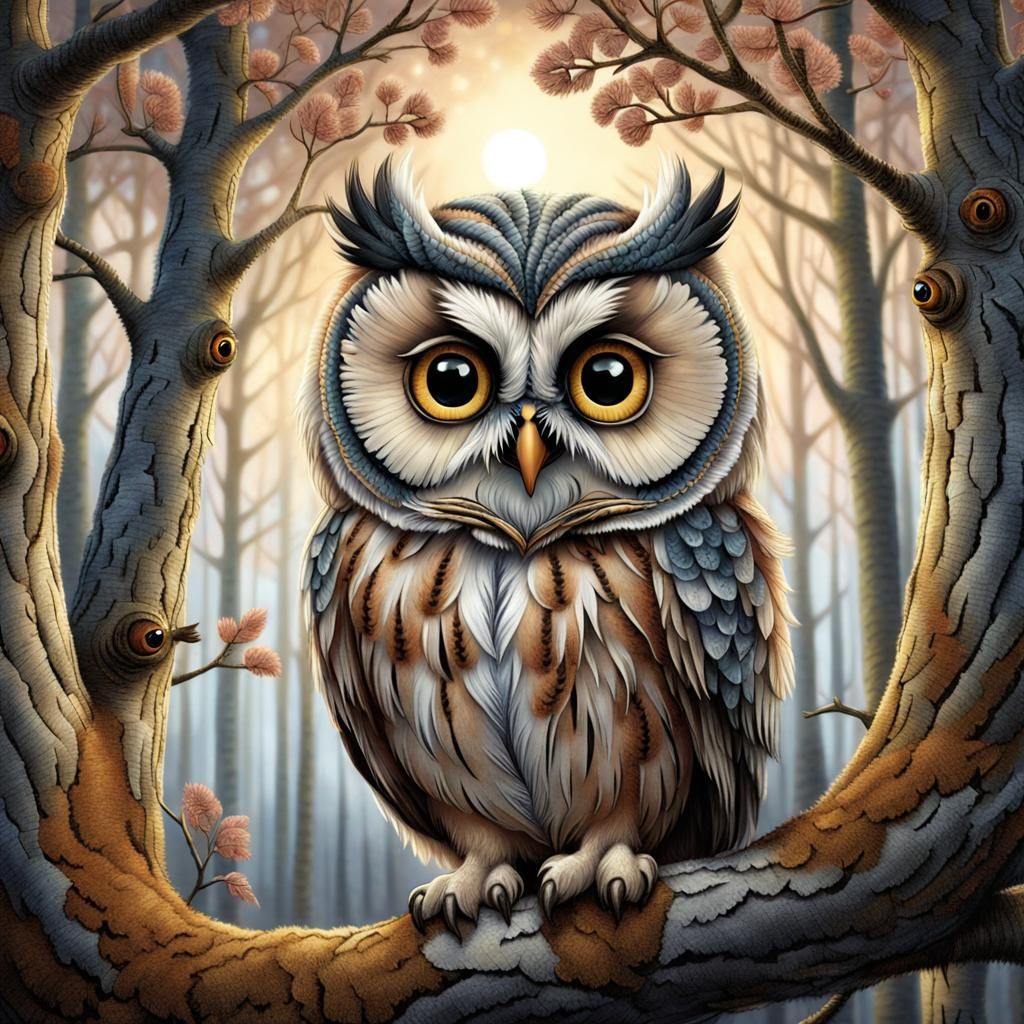Fluffy Owl in Tree, Mixed Media Style
