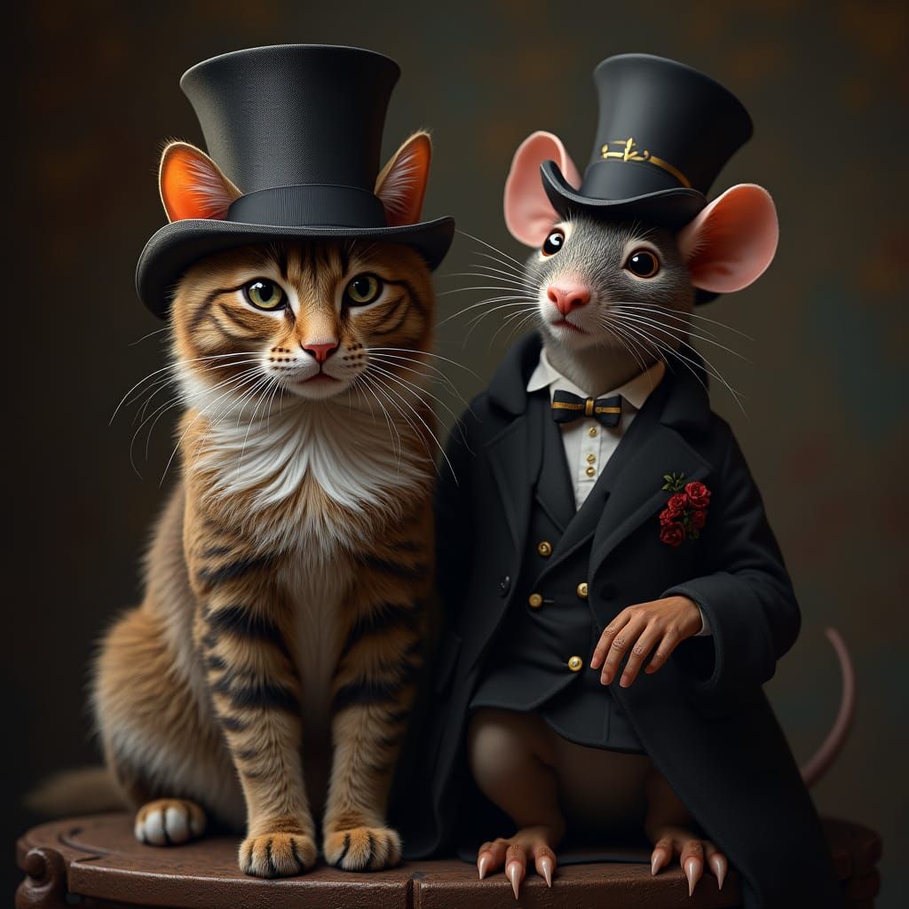 Refined Feline and Sophisticated Rodent in Elegant Attire