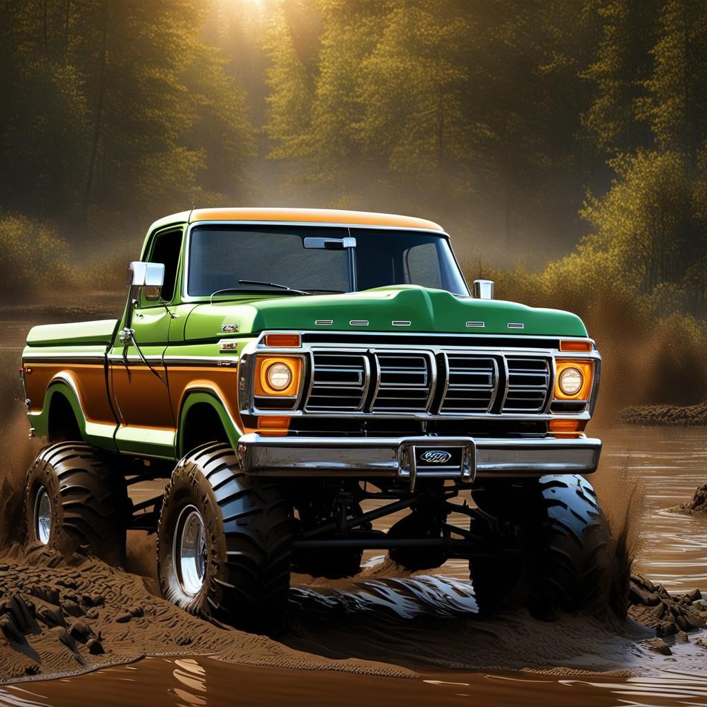 1973 Ford Pickup, mud truck lifted on huge super swamper bogger tires, driving through deep mud pit, mud slinging into a...
