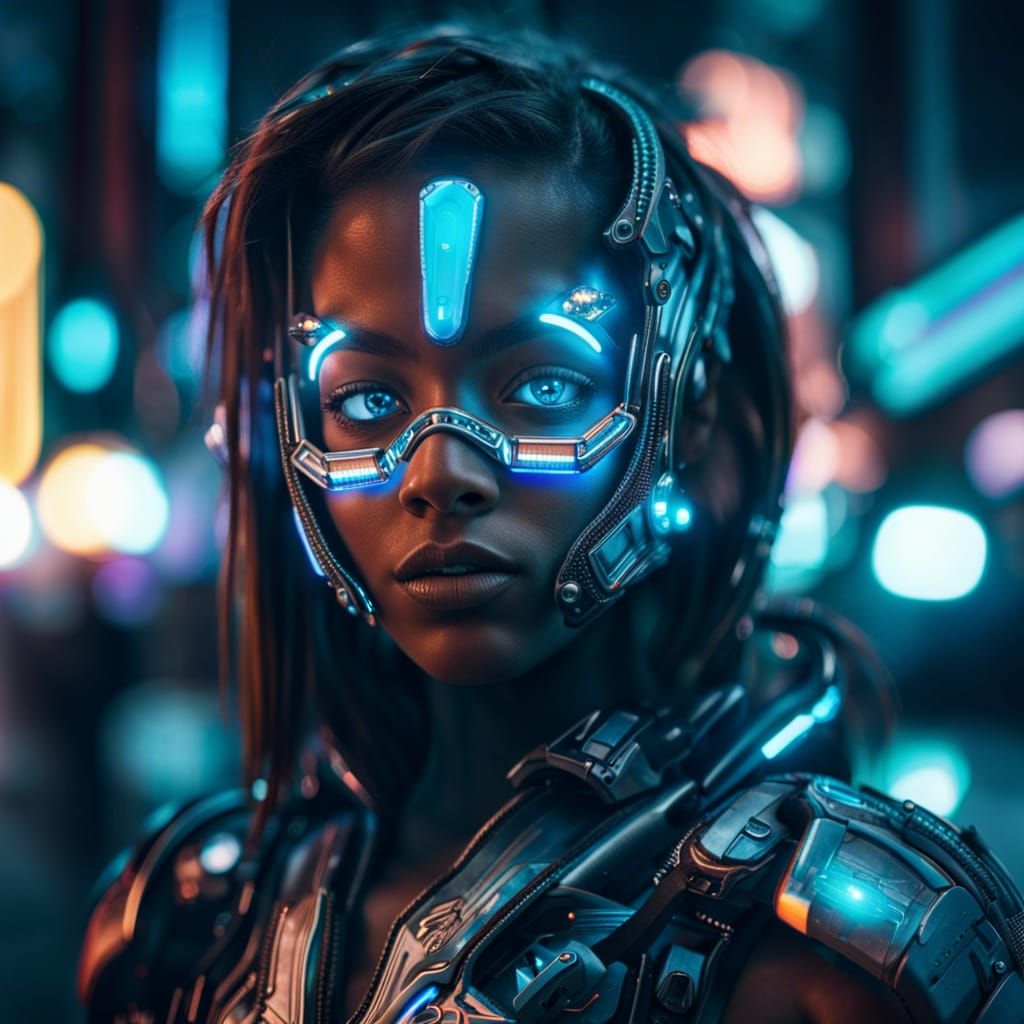 Hyperrealistic Cyborg Girl in Neon City Portrait