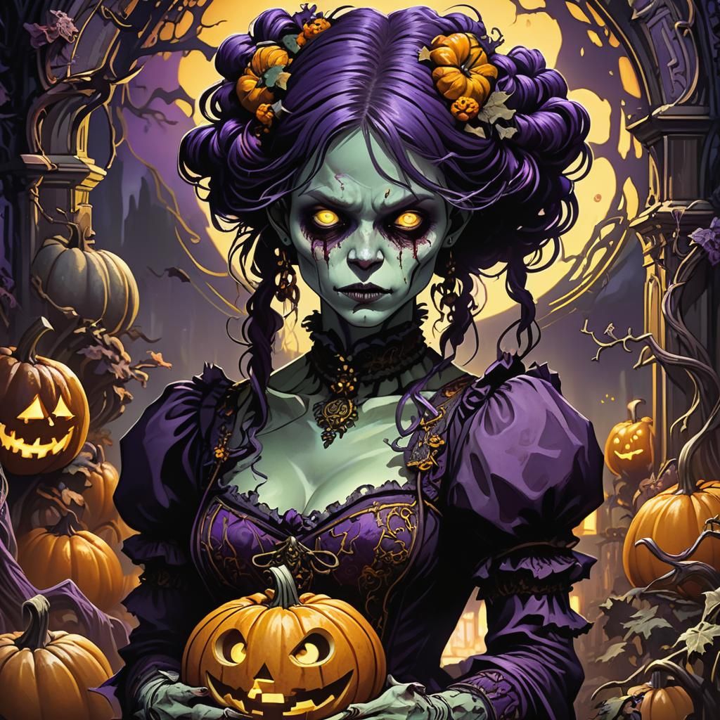 Victorian Zombie Portrait in Haunted Pumpkin Patch
