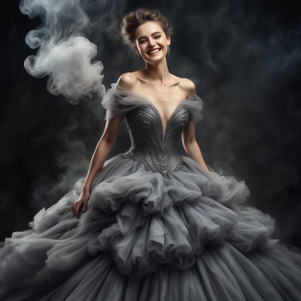 Smiling Woman in Grey Smoke Gown: Hyperrealistic Fantasy