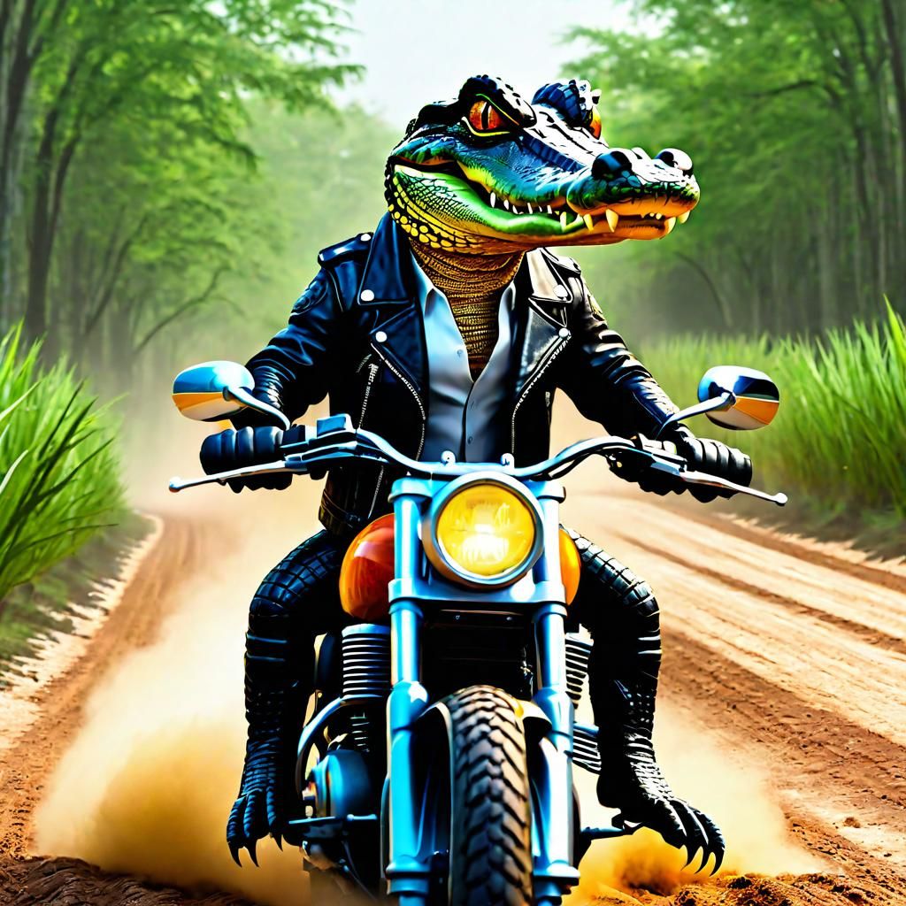 Alligator Biker on a Dirt Road