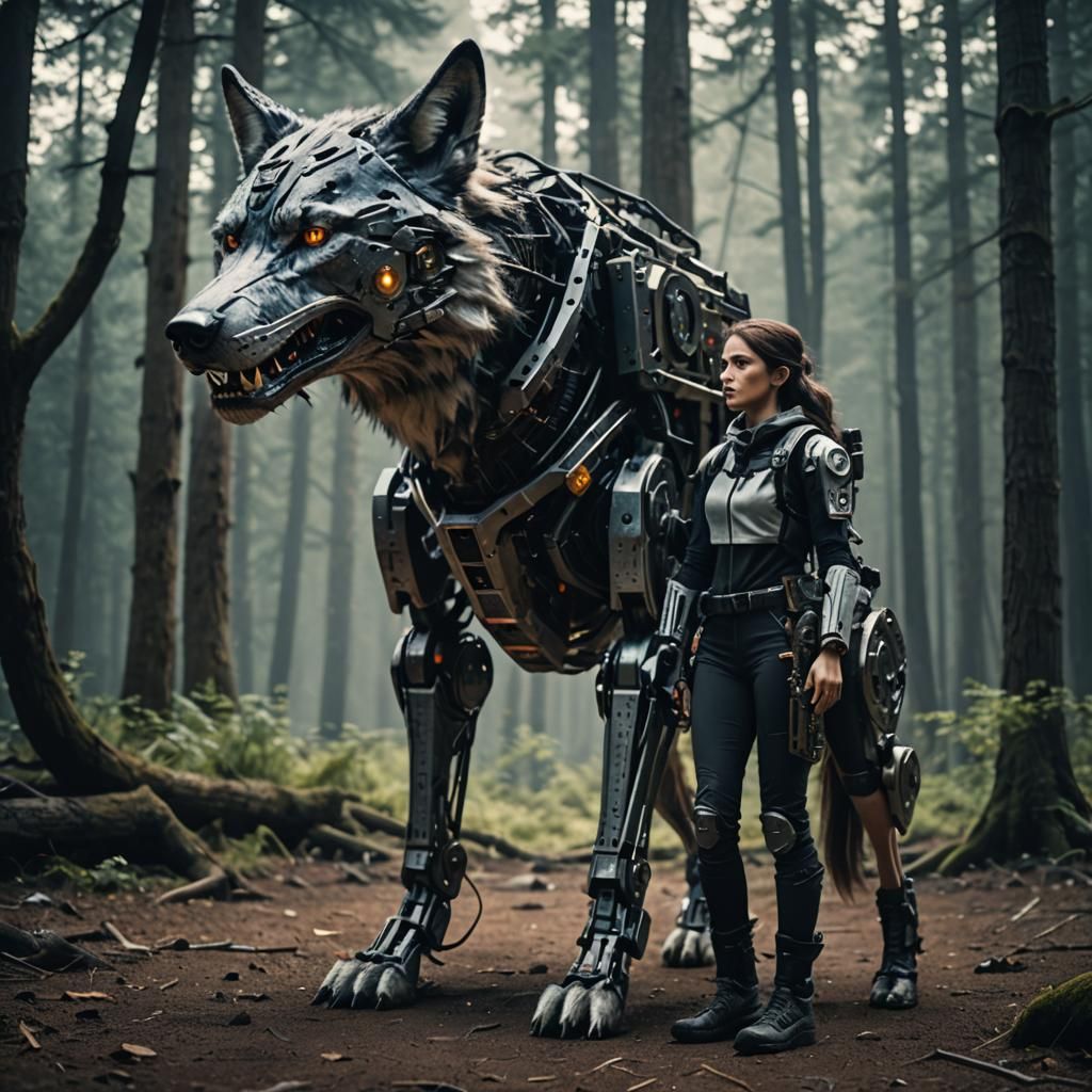 Cyborg Wolf and Human Companion: Cinematic Still
