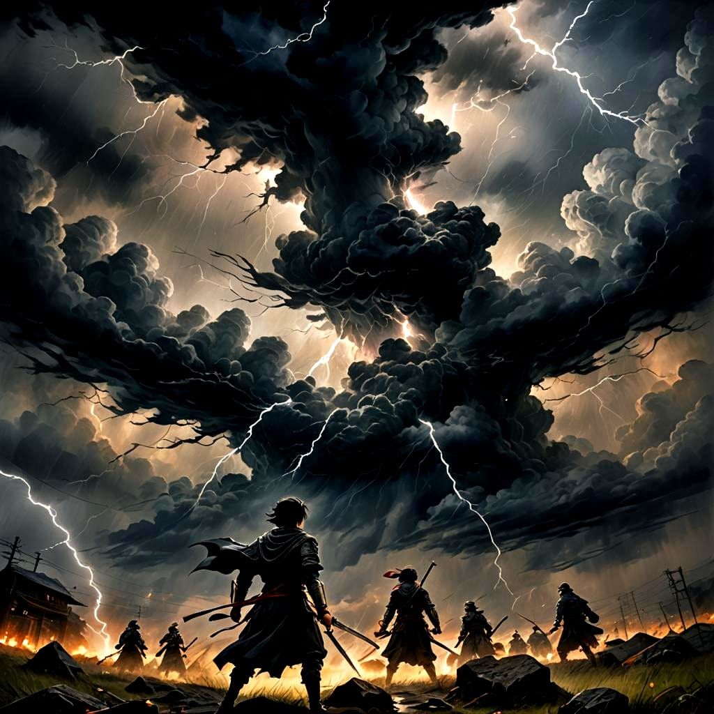 Epic Anime Battle Under Stormy Etheral Sky