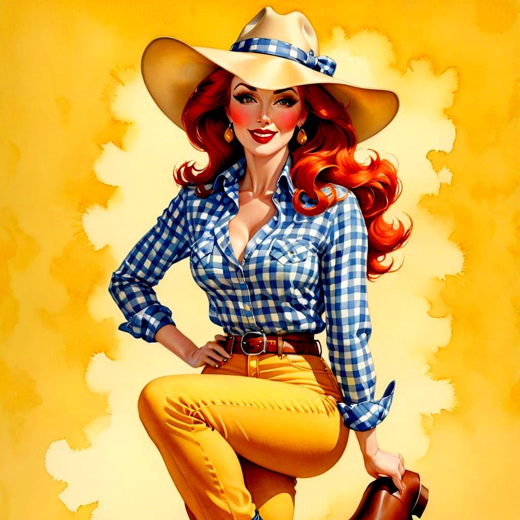 Whimsical Watercolor of a Woman in Cowboy Attire