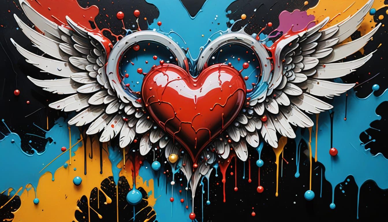 Pearlescent Heart Wings in Graffiti Art Style
