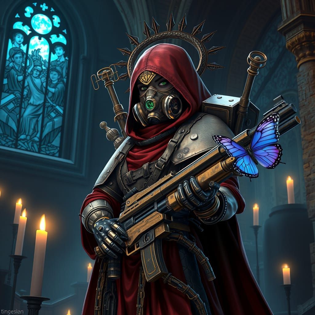 Futuristic Tech Priestess in Ruined Cathedral