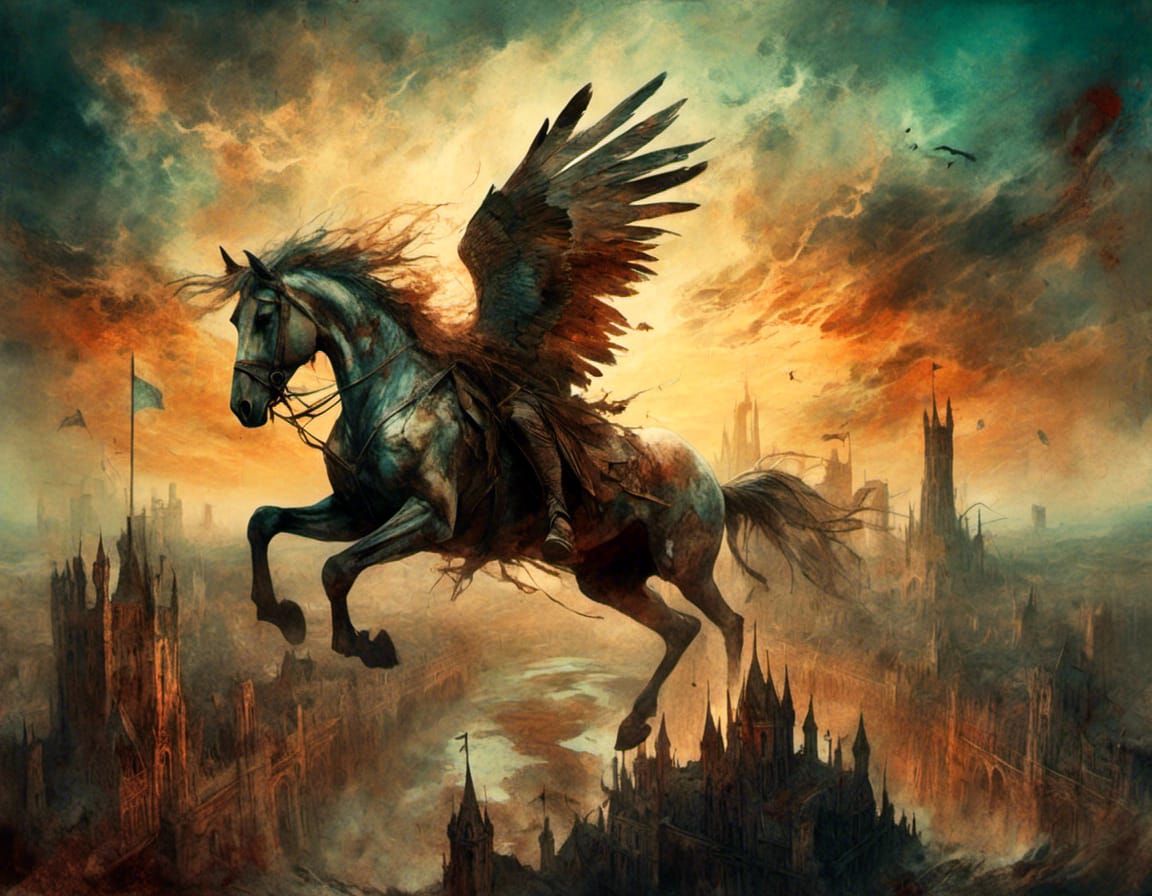 Pegasus Soaring Above Camelot in Golden Light