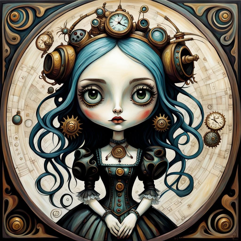 Girl with Steampunk Toy, Acrylic Painting