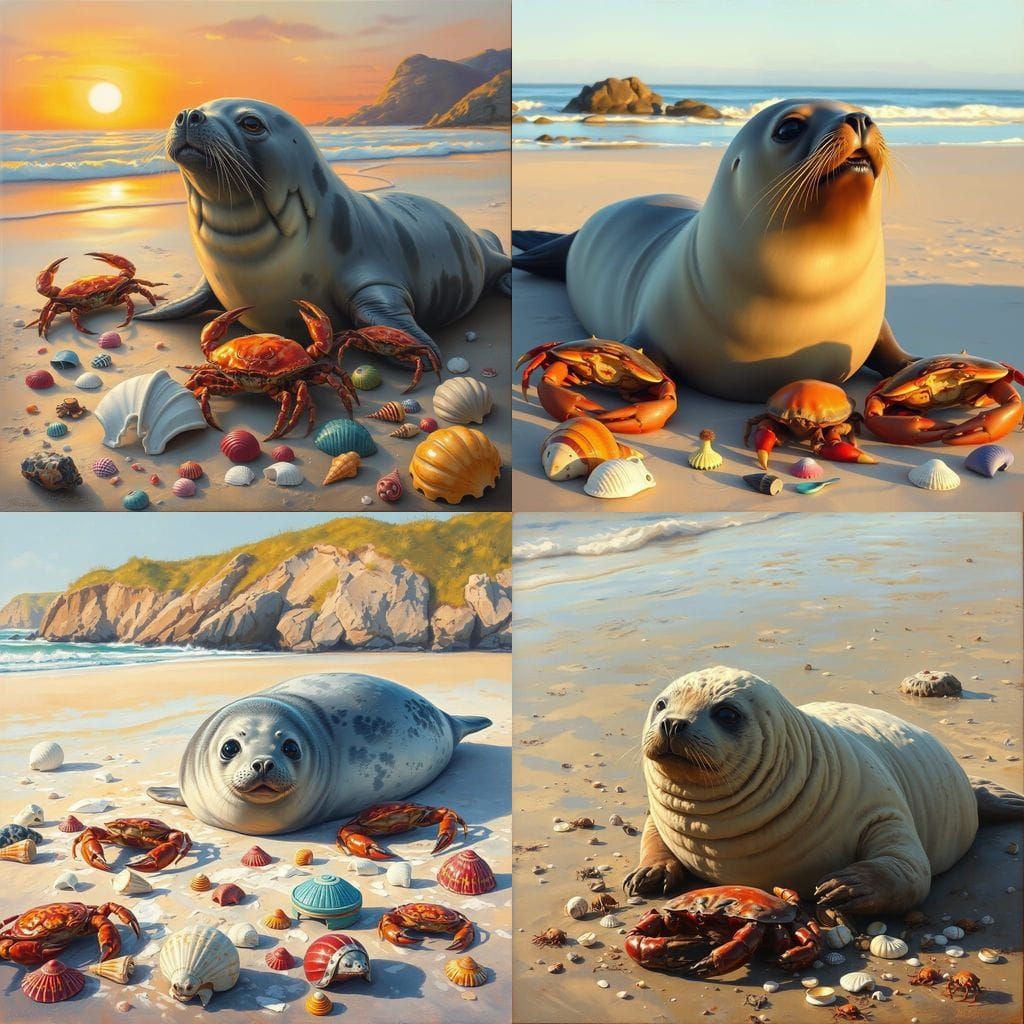 Seal and Crab on Beach, Oil Painting by Gurney