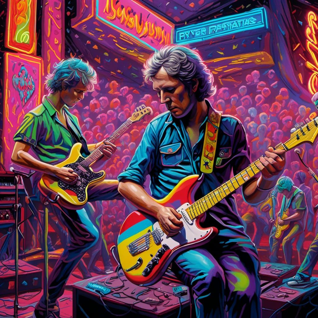 80s Neon Rock Group Performance in Hyperrealism