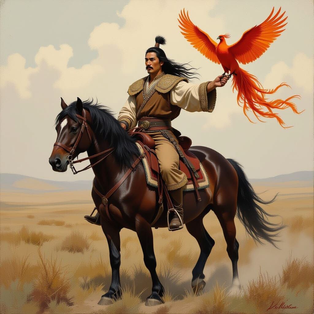 Mongolian Rider with Phoenix on Windswept Steppe