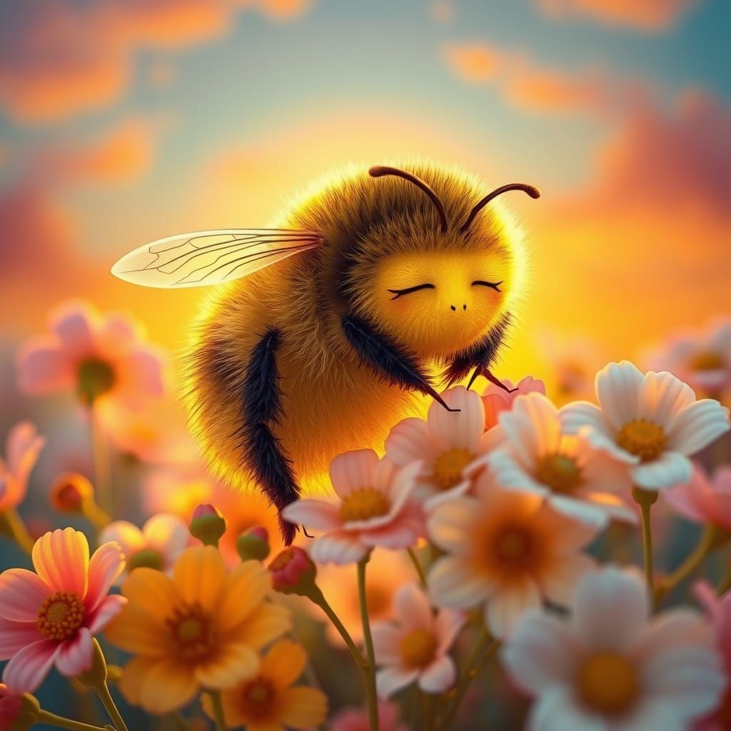 Sleepy Bumblebee in Pastel Floral Dreamscape