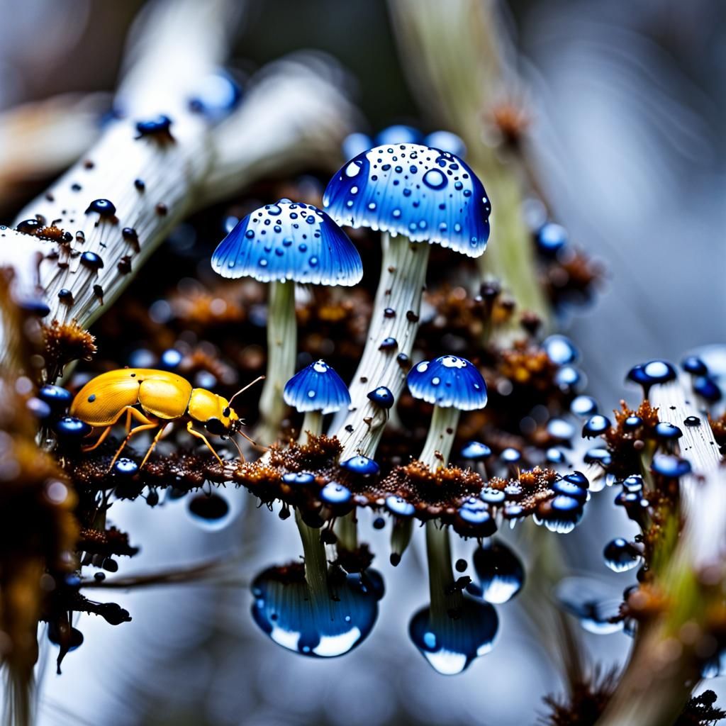 Yellow Beetle on Microscopic Blue Mushrooms