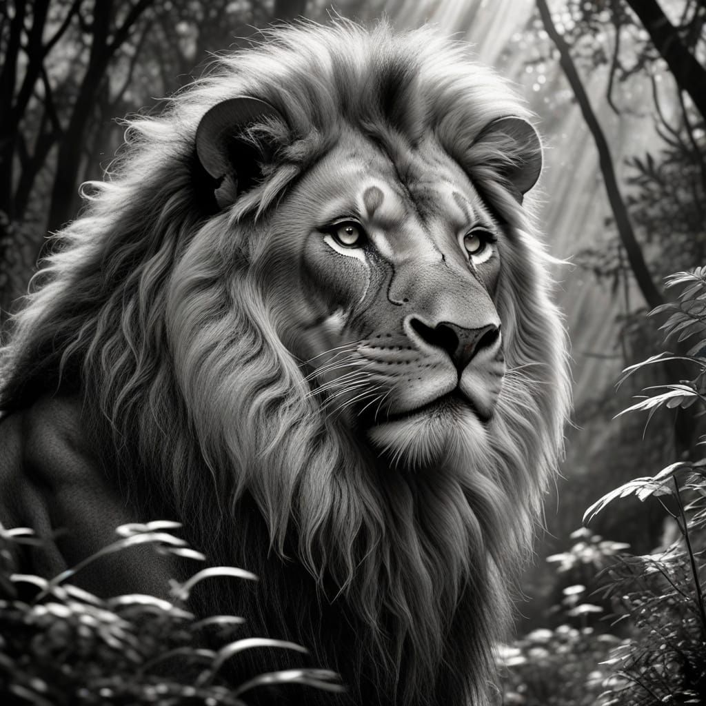 Stardust Lion in Bioluminescent Jungle: Charcoal Drawing