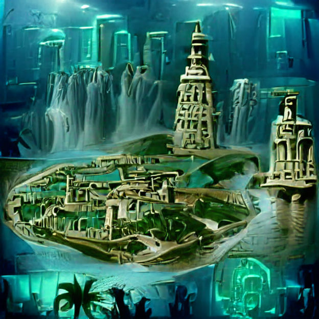 Submerged Atlantis City with Bioluminescent Life