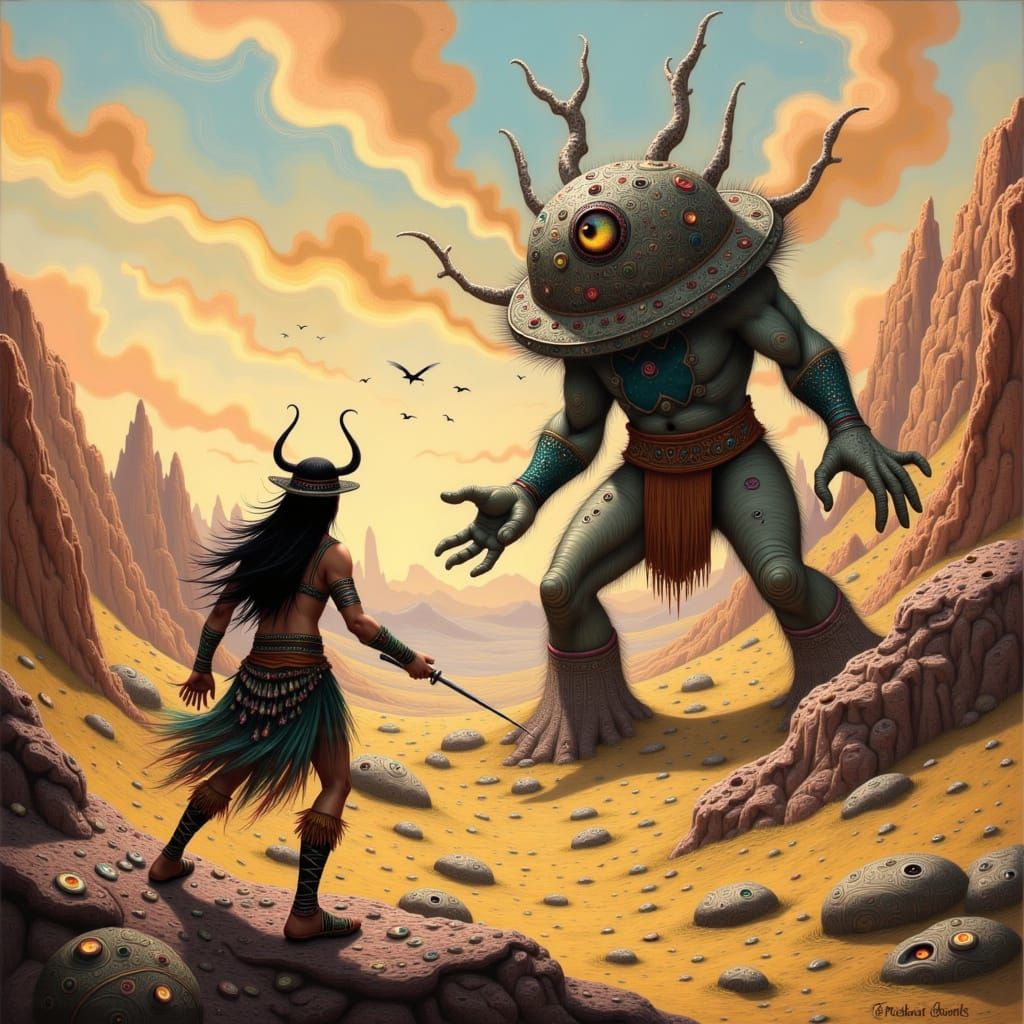 Ohlone Warrior Kaknu Battles Stone Giant