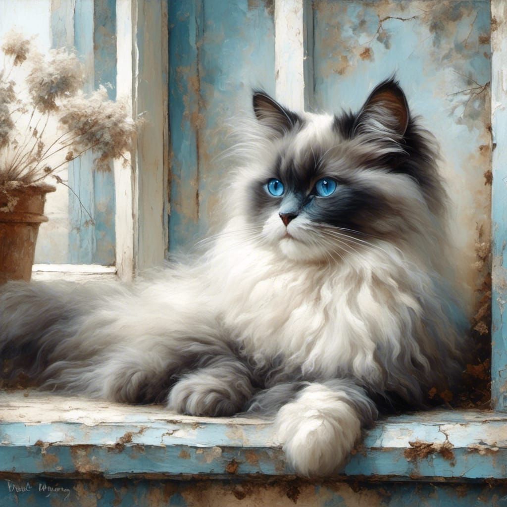 Ragdoll Cat on Windowsill as Oil Painting