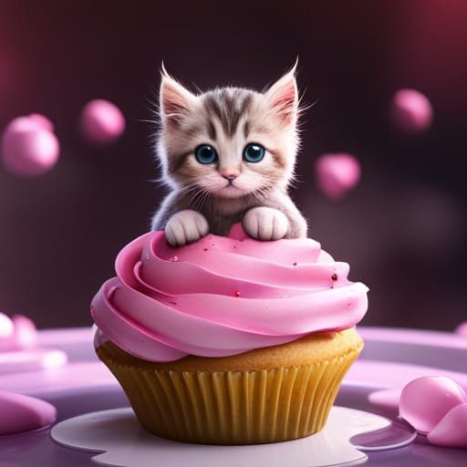 Cute Kitten on Cupcake: Matte Painting Style