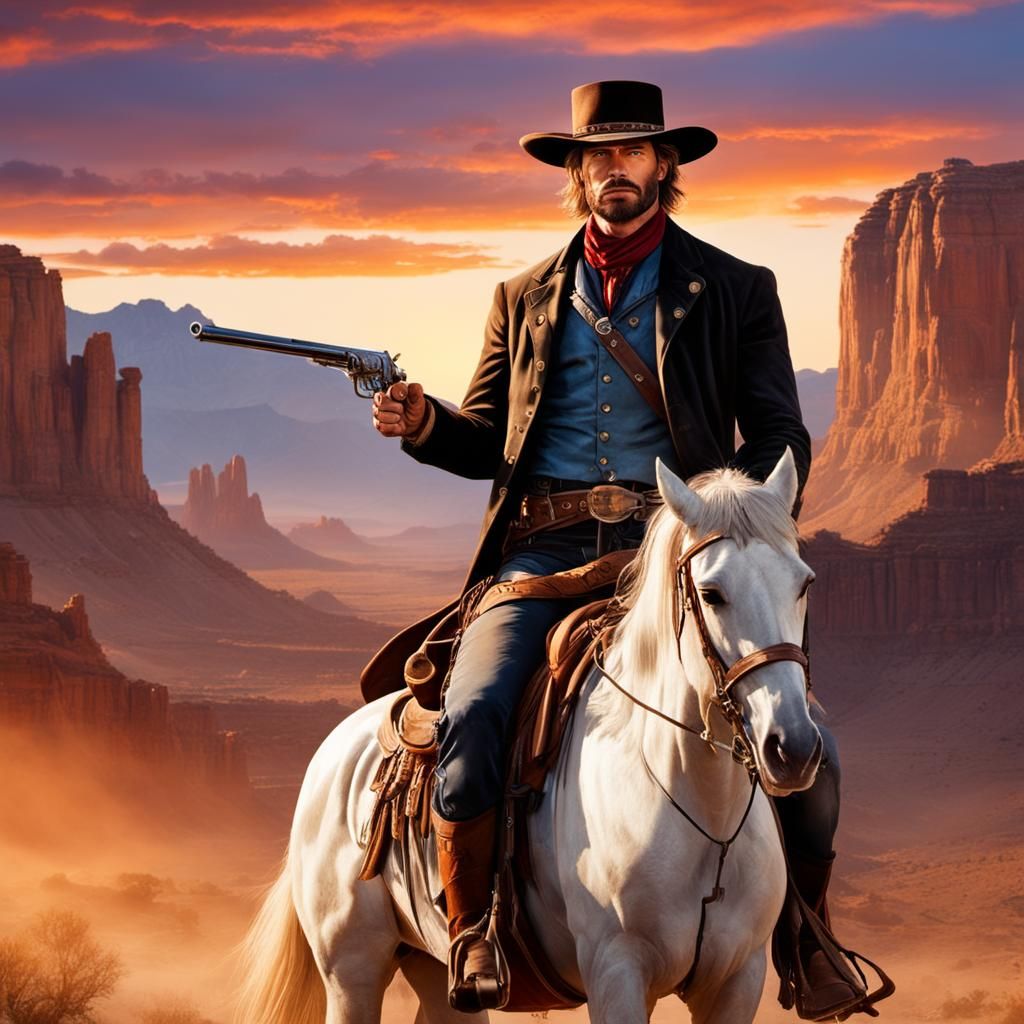Wild West Outlaw Gunslinger on Horseback at Sunset