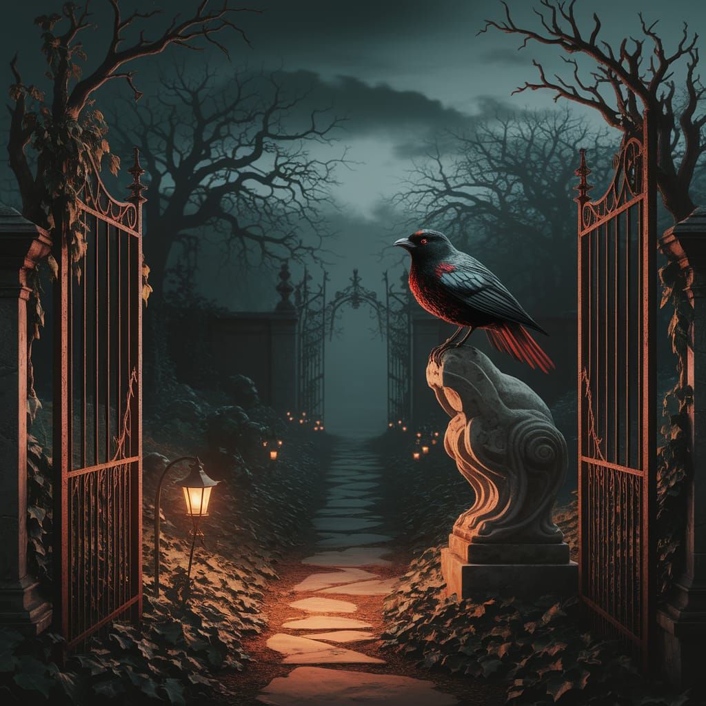 Gothic Garden with Mystical Bird at Twilight