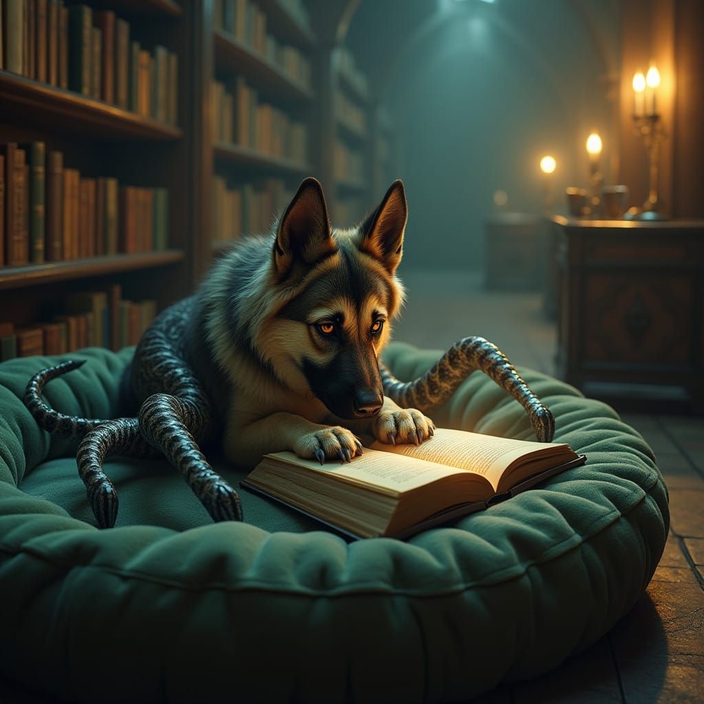 Serene Library Creature with Arachnid Features and Canine He...