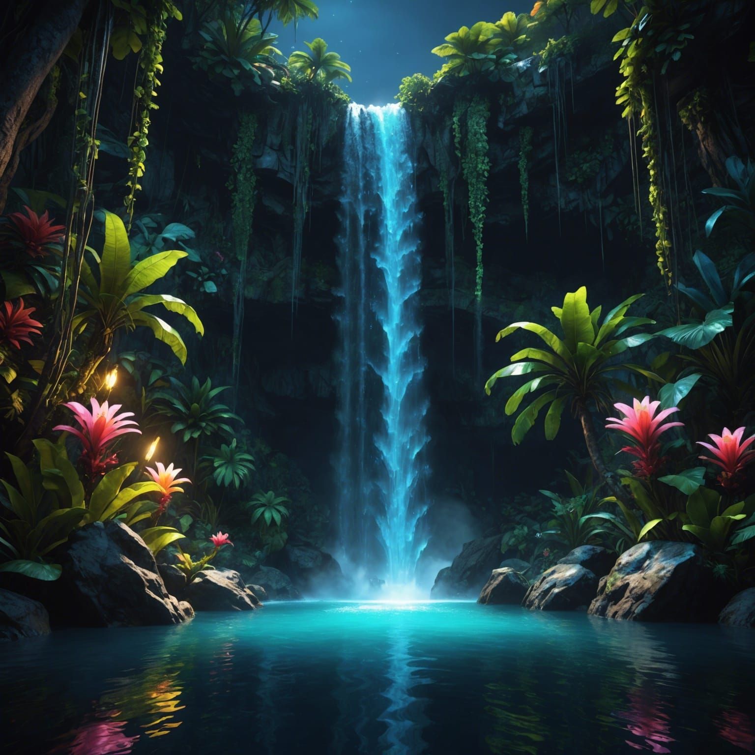 Sapphire Bioluminescent Waterfall in Tropical Lagoon
