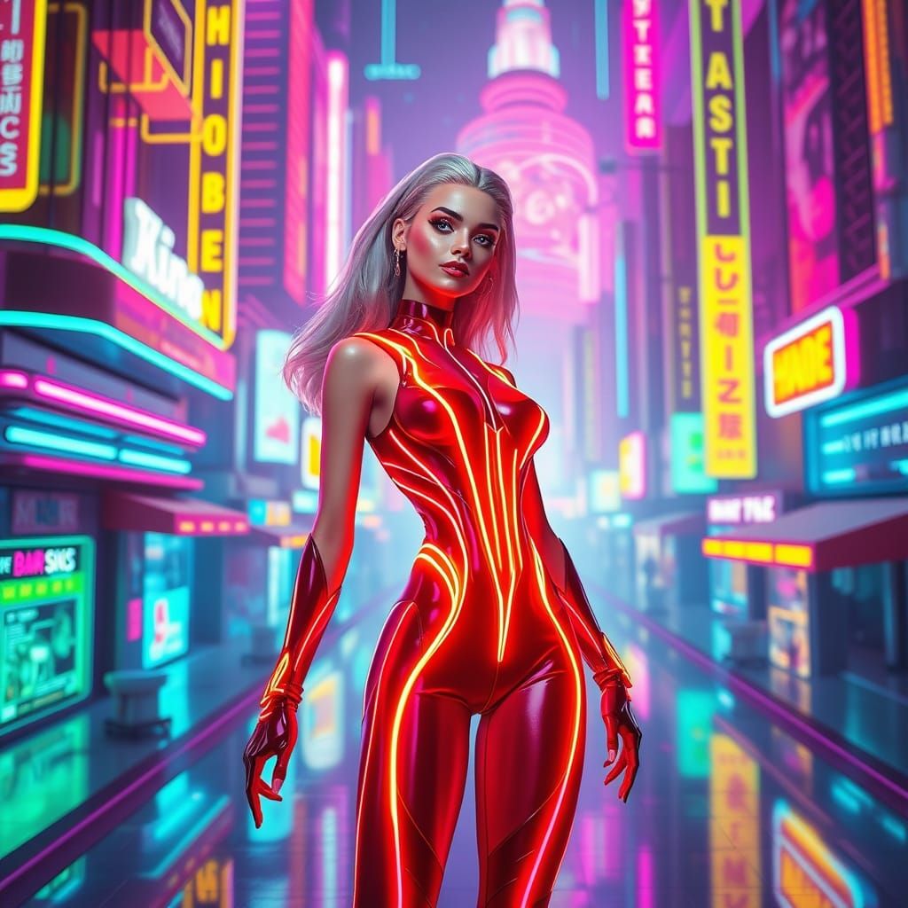 Neon Woman in Cyberpunk Barbiecore Cityscape
