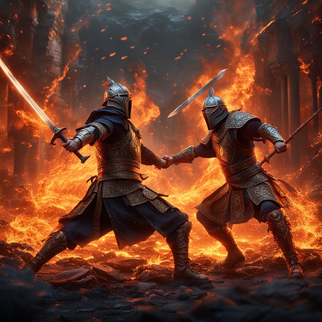 Fiery Duel: Two Warriors Clash in Fantasy Art