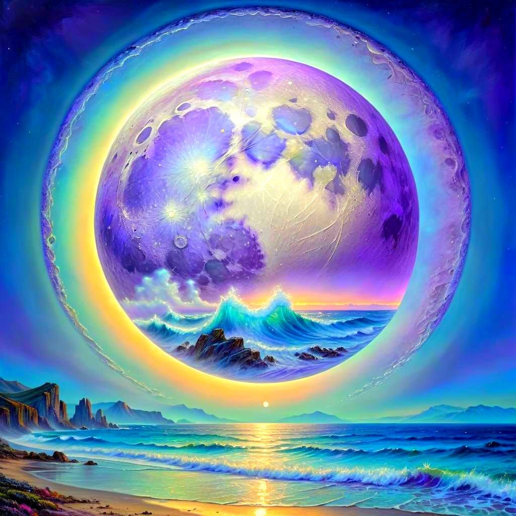 Cosmic Purple Moon Over the Sea