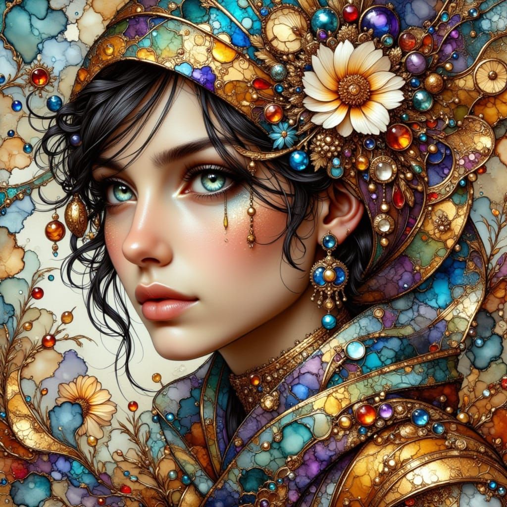 Anime Girl with Metallic Alcohol Ink Splash Style